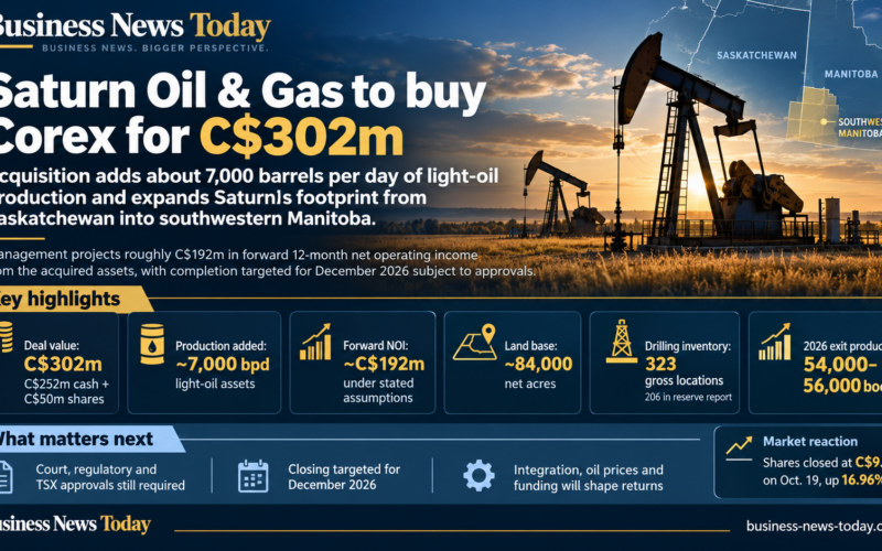 Editorial infographic on Saturn Oil & Gas Inc.’s C$302 million acquisition of Corex Resources Ltd., featuring Canadian oil pumpjacks, a Saskatchewan-Manitoba map, approximately 7,000 barrels per day of added light-oil production, C$192 million in projected forward operating income, and 323 identified drilling locations.