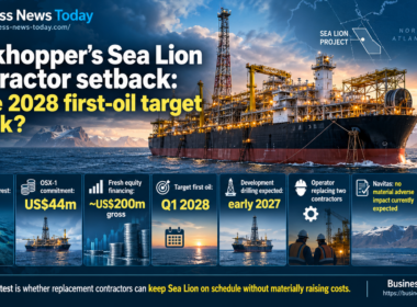 Rockhopper Exploration Sea Lion project infographic showing an offshore oil production vessel, 35% project interest, US$44 million FPSO commitment, approximately US$200 million in equity financing and the Q1 2028 first-oil target amid contractor replacement concerns.
