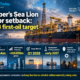 Rockhopper Exploration Sea Lion project infographic showing an offshore oil production vessel, 35% project interest, US$44 million FPSO commitment, approximately US$200 million in equity financing and the Q1 2028 first-oil target amid contractor replacement concerns.
