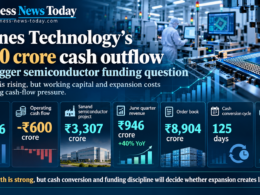 Kaynes Technology semiconductor expansion infographic showing a chip manufacturing facility, ₹3,626 crore FY2026 revenue, ₹600 crore operating cash outflow, ₹3,307 crore Sanand project and 125-day cash conversion cycle.