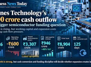 Kaynes Technology semiconductor expansion infographic showing a chip manufacturing facility, ₹3,626 crore FY2026 revenue, ₹600 crore operating cash outflow, ₹3,307 crore Sanand project and 125-day cash conversion cycle.