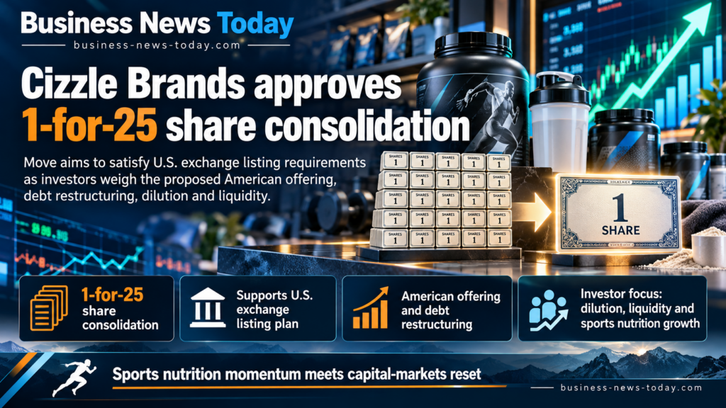 Infographic showing Cizzle Brands’ approved 1-for-25 share consolidation, highlighting its U.S. exchange listing plans, proposed American offering, debt restructuring, and investor concerns over dilution, liquidity and sports nutrition growth.