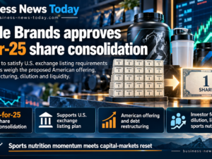 Infographic showing Cizzle Brands’ approved 1-for-25 share consolidation, highlighting its U.S. exchange listing plans, proposed American offering, debt restructuring, and investor concerns over dilution, liquidity and sports nutrition growth.