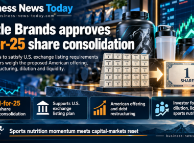 Infographic showing Cizzle Brands’ approved 1-for-25 share consolidation, highlighting its U.S. exchange listing plans, proposed American offering, debt restructuring, and investor concerns over dilution, liquidity and sports nutrition growth.