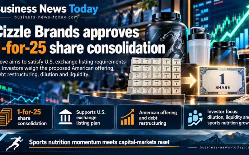 Infographic showing Cizzle Brands’ approved 1-for-25 share consolidation, highlighting its U.S. exchange listing plans, proposed American offering, debt restructuring, and investor concerns over dilution, liquidity and sports nutrition growth.