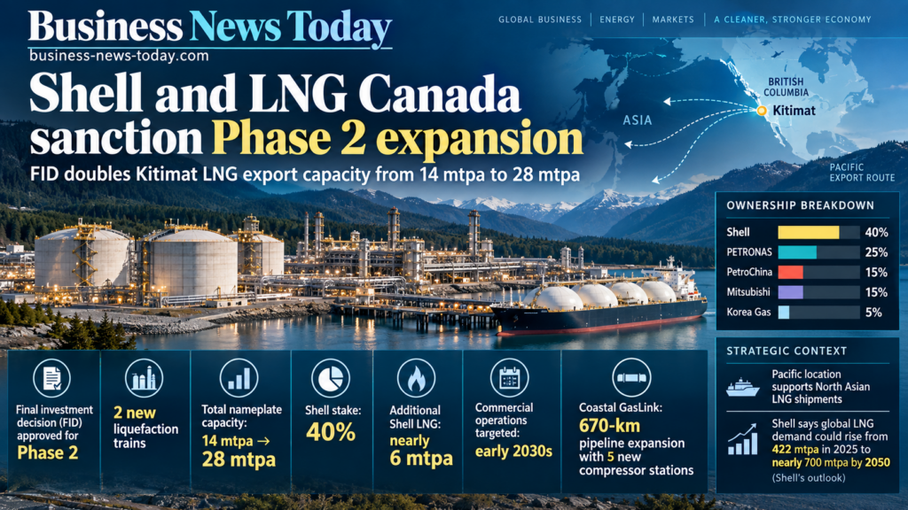 Shell and LNG Canada Phase 2 infographic showing Kitimat LNG export capacity doubling from 14 mtpa to 28 mtpa, Shell’s 40% stake, and early-2030s operations target.