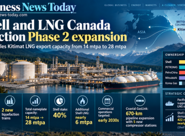 Shell and LNG Canada Phase 2 infographic showing Kitimat LNG export capacity doubling from 14 mtpa to 28 mtpa, Shell’s 40% stake, and early-2030s operations target.