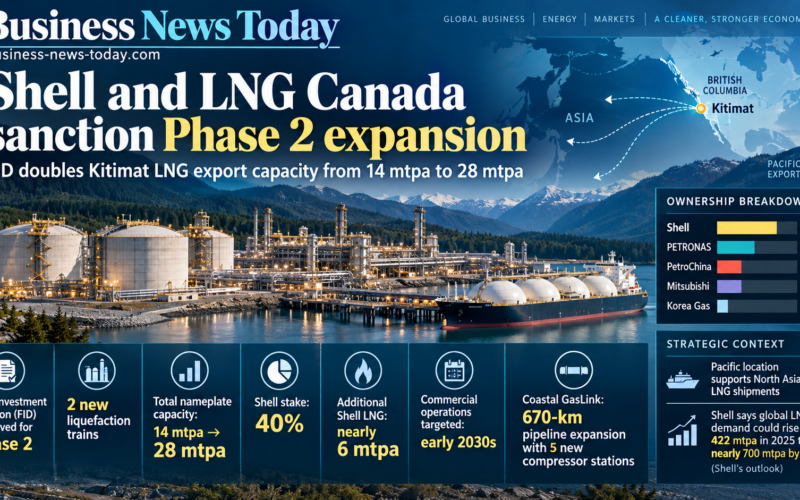 Shell and LNG Canada Phase 2 infographic showing Kitimat LNG export capacity doubling from 14 mtpa to 28 mtpa, Shell’s 40% stake, and early-2030s operations target.