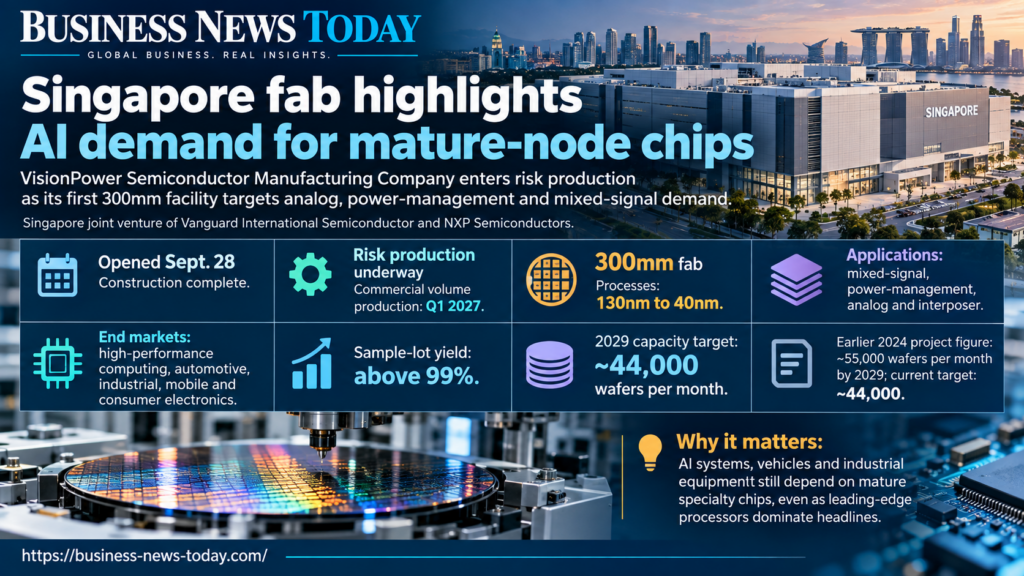 Business News Today infographic showing VisionPower Semiconductor Manufacturing Company’s new 300mm Singapore fab, including 130nm-to-40nm process technologies, risk production underway, commercial volume production targeted for Q1 2027 and planned capacity of about 44,000 wafers per month by 2029.