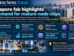 Business News Today infographic showing VisionPower Semiconductor Manufacturing Company’s new 300mm Singapore fab, including 130nm-to-40nm process technologies, risk production underway, commercial volume production targeted for Q1 2027 and planned capacity of about 44,000 wafers per month by 2029.