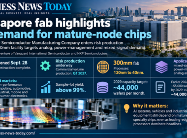 Business News Today infographic showing VisionPower Semiconductor Manufacturing Company’s new 300mm Singapore fab, including 130nm-to-40nm process technologies, risk production underway, commercial volume production targeted for Q1 2027 and planned capacity of about 44,000 wafers per month by 2029.