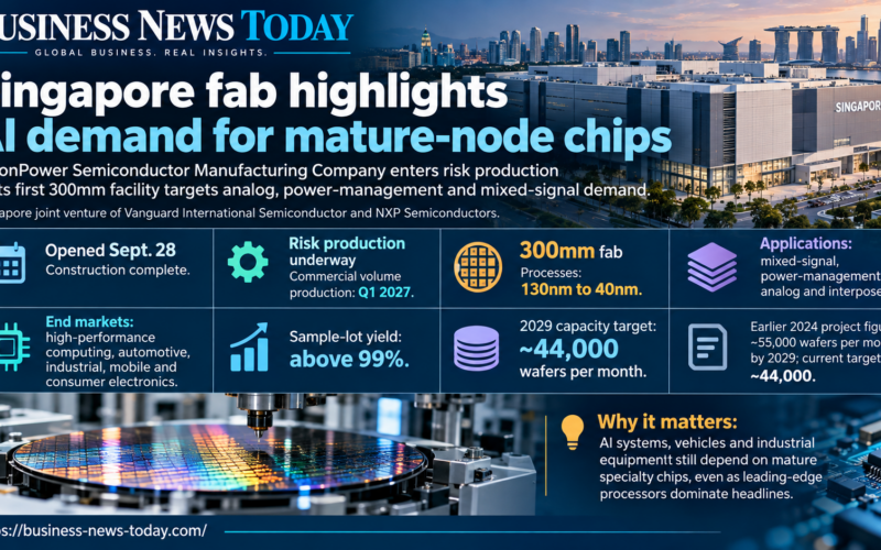 Business News Today infographic showing VisionPower Semiconductor Manufacturing Company’s new 300mm Singapore fab, including 130nm-to-40nm process technologies, risk production underway, commercial volume production targeted for Q1 2027 and planned capacity of about 44,000 wafers per month by 2029.