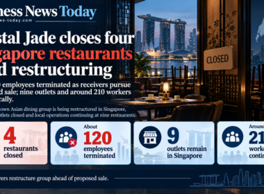Editorial infographic showing Crystal Jade’s Singapore restaurant restructuring, with a closed dining outlet, Singapore skyline imagery and summary panels highlighting four restaurant closures, about 120 employee terminations, nine remaining outlets and around 210 workers continuing locally.