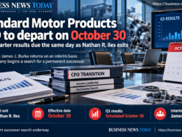 Editorial infographic highlighting Standard Motor Products’ CFO transition, showing financial reports, automotive components and an October 30 calendar, with Nathan R. Iles’ departure, James J. Burke’s interim return and the scheduled third-quarter earnings release.