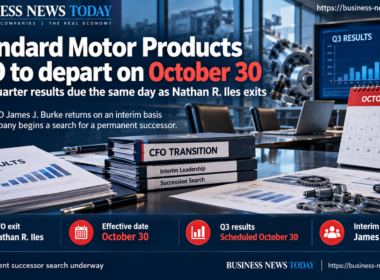 Editorial infographic highlighting Standard Motor Products’ CFO transition, showing financial reports, automotive components and an October 30 calendar, with Nathan R. Iles’ departure, James J. Burke’s interim return and the scheduled third-quarter earnings release.