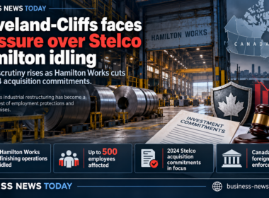 Editorial infographic showing Cleveland-Cliffs’ dispute over Stelco’s Hamilton Works idling, with a steel plant interior, Canada map highlighting Hamilton, Ontario, and legal-investment visuals summarising the idling of finishing operations, potential impact on up to 500 employees and scrutiny of 2024 acquisition commitments.