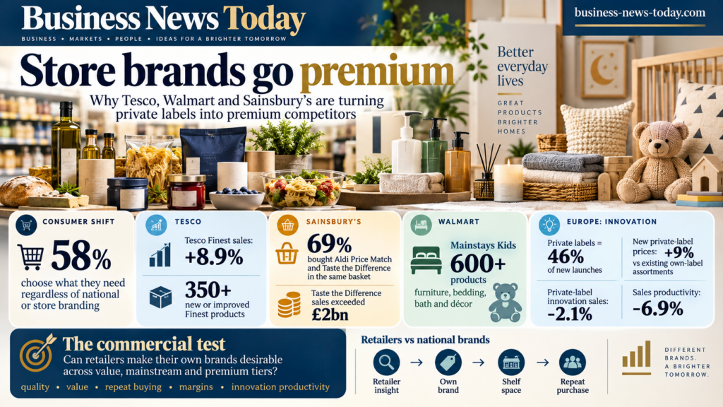Editorial infographic showing how Tesco, Walmart and Sainsbury’s are expanding premium private-label products, with key figures on consumer attitudes, Tesco Finest growth, Sainsbury’s mixed value-and-premium baskets, Walmart’s Mainstays Kids launch, and mixed European innovation results for store brands.