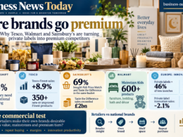 Editorial infographic showing how Tesco, Walmart and Sainsbury’s are expanding premium private-label products, with key figures on consumer attitudes, Tesco Finest growth, Sainsbury’s mixed value-and-premium baskets, Walmart’s Mainstays Kids launch, and mixed European innovation results for store brands.