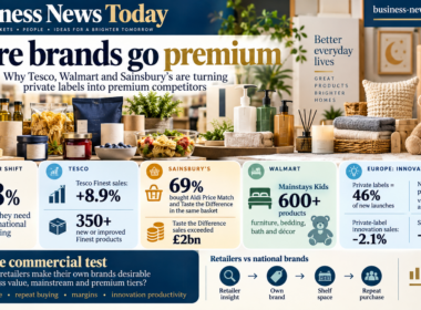Editorial infographic showing how Tesco, Walmart and Sainsbury’s are expanding premium private-label products, with key figures on consumer attitudes, Tesco Finest growth, Sainsbury’s mixed value-and-premium baskets, Walmart’s Mainstays Kids launch, and mixed European innovation results for store brands.