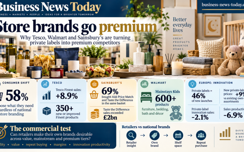 Editorial infographic showing how Tesco, Walmart and Sainsbury’s are expanding premium private-label products, with key figures on consumer attitudes, Tesco Finest growth, Sainsbury’s mixed value-and-premium baskets, Walmart’s Mainstays Kids launch, and mixed European innovation results for store brands.