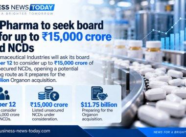 Infographic showing Sun Pharmaceutical Industries’ October 12 board review of up to ₹15,000 crore in listed unsecured NCDs ahead of the $11.75 billion Organon acquisition.