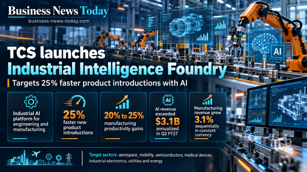 Editorial infographic showing Tata Consultancy Services’ Industrial Intelligence Foundry, with a smart factory background and key figures including 25% faster product introductions, 20% to 25% manufacturing productivity gains, annualized AI revenue above $3.1 billion in Q2 FY27, and 3.1% sequential manufacturing revenue growth in constant currency.