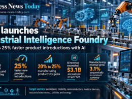 Editorial infographic showing Tata Consultancy Services’ Industrial Intelligence Foundry, with a smart factory background and key figures including 25% faster product introductions, 20% to 25% manufacturing productivity gains, annualized AI revenue above $3.1 billion in Q2 FY27, and 3.1% sequential manufacturing revenue growth in constant currency.