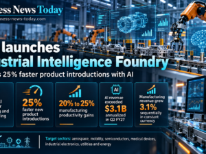 Editorial infographic showing Tata Consultancy Services’ Industrial Intelligence Foundry, with a smart factory background and key figures including 25% faster product introductions, 20% to 25% manufacturing productivity gains, annualized AI revenue above $3.1 billion in Q2 FY27, and 3.1% sequential manufacturing revenue growth in constant currency.