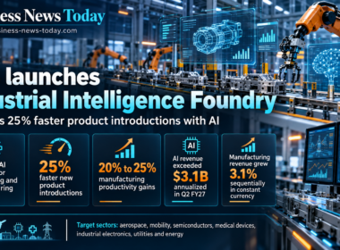 Editorial infographic showing Tata Consultancy Services’ Industrial Intelligence Foundry, with a smart factory background and key figures including 25% faster product introductions, 20% to 25% manufacturing productivity gains, annualized AI revenue above $3.1 billion in Q2 FY27, and 3.1% sequential manufacturing revenue growth in constant currency.