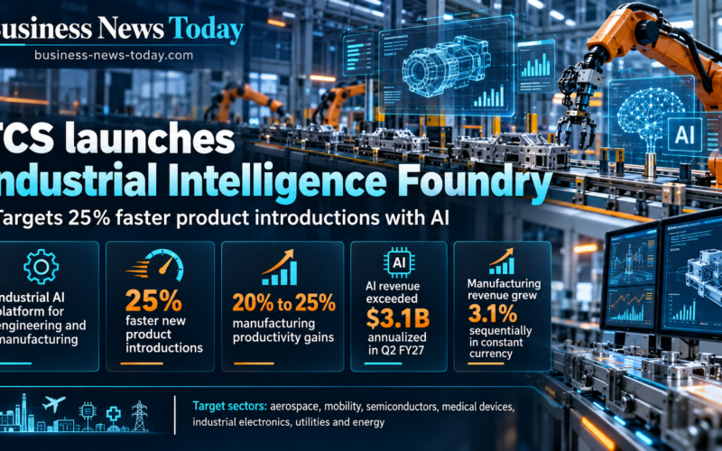 Editorial infographic showing Tata Consultancy Services’ Industrial Intelligence Foundry, with a smart factory background and key figures including 25% faster product introductions, 20% to 25% manufacturing productivity gains, annualized AI revenue above $3.1 billion in Q2 FY27, and 3.1% sequential manufacturing revenue growth in constant currency.
