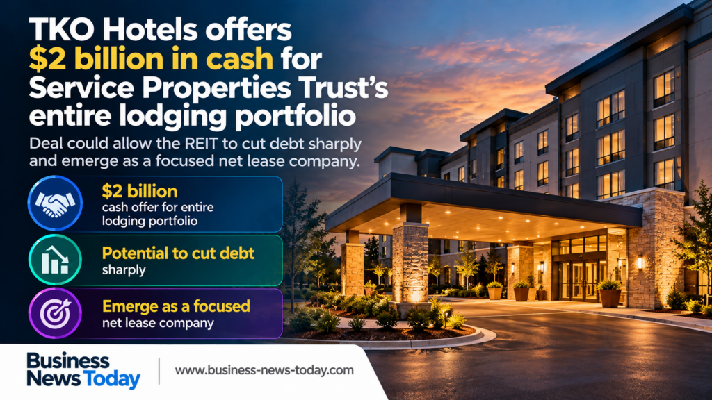 Infographic showing TKO Hotels’ $2 billion cash offer for Service Properties Trust’s entire lodging portfolio and the potential for debt reduction and a focused net lease strategy.