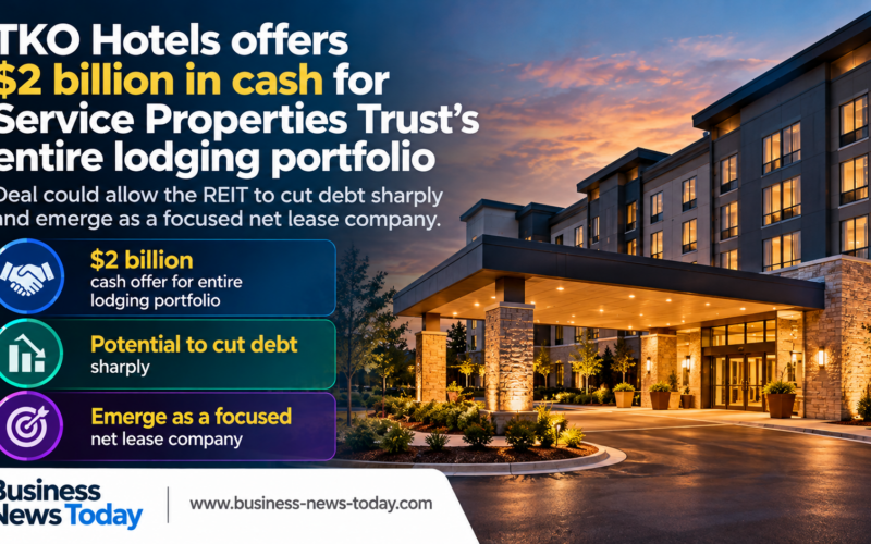 Infographic showing TKO Hotels’ $2 billion cash offer for Service Properties Trust’s entire lodging portfolio and the potential for debt reduction and a focused net lease strategy.