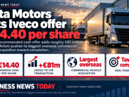 Editorial infographic about Tata Motors raising its recommended cash offer for Iveco Group to €14.40 per share, showing a commercial truck background and key highlights including the roughly €81 million increase and the deal’s status as Tata Motors’ biggest overseas commercial vehicle acquisition.