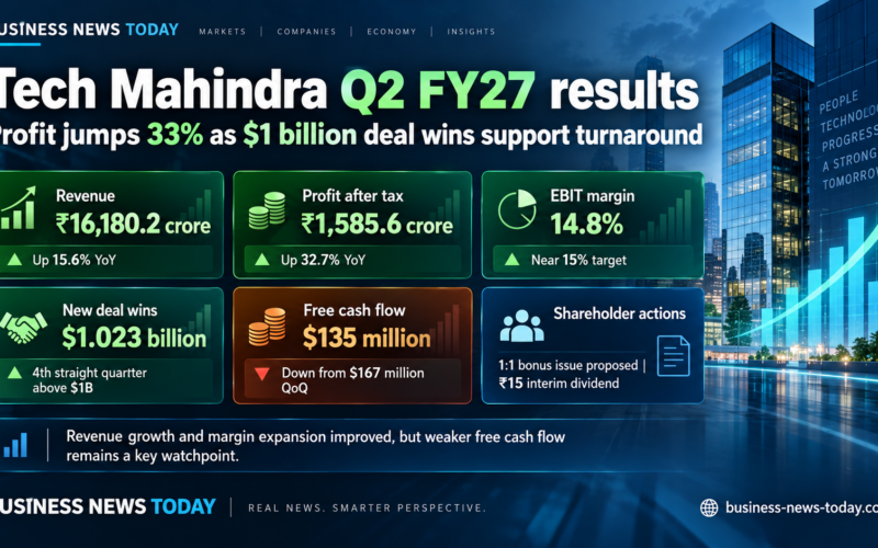Editorial infographic showing Tech Mahindra’s Q2 FY27 results, with key metrics including revenue of ₹16,180.2 crore, profit after tax of ₹1,585.6 crore, EBIT margin of 14.8%, new deal wins of $1.023 billion, free cash flow of $135 million, and shareholder actions including a proposed 1:1 bonus issue and ₹15 interim dividend.