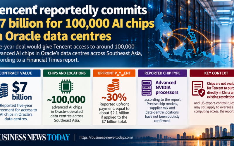 Editorial infographic on Tencent Holdings Limited’s reported five-year, $7 billion artificial-intelligence computing agreement with Oracle Corporation, highlighting access to around 100,000 advanced AI chips in Southeast Asian data centres, a reported 30% upfront payment and continuing US export-control considerations.