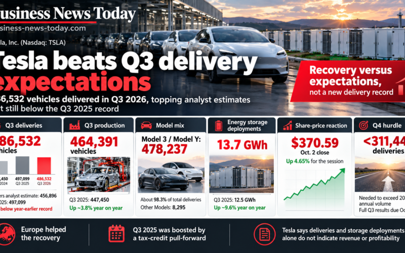 Editorial infographic on Tesla, Inc. third-quarter 2026 performance, showing 486,532 vehicle deliveries, 464,391 vehicles produced, 13.7 GWh of energy-storage deployments, a $370.59 October 2 share price and the fourth-quarter delivery threshold needed to exceed 2025 annual volume.