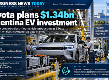 Business News Today infographic showing Toyota Motor Corporation’s planned $1.34 billion investment in Zárate, Argentina, to develop electrified-vehicle production under the RIGI incentive regime as Chinese automakers gain market share.