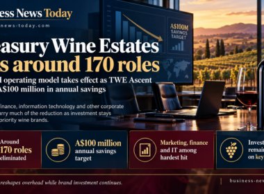 Editorial infographic highlighting Treasury Wine Estates Limited’s restructuring, showing a vineyard and corporate boardroom setting with wine industry visuals, and key points on around 170 job cuts, an A$100 million annual savings target, and reductions concentrated in marketing, finance, information technology and other corporate functions.