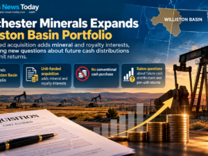 Editorial infographic showing Dorchester Minerals’ unit-funded Williston Basin acquisition, featuring oil pumpjacks, a regional map, mineral and royalty interests, financial charts, and cash distribution considerations.