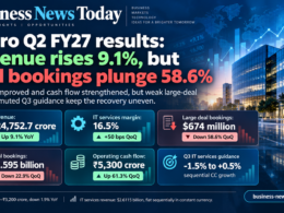 Editorial infographic summarizing Wipro’s Q2 FY27 results, showing revenue of ₹24,752.7 crore, IT services margin of 16.5%, large deal bookings of $674 million, total bookings of $2.595 billion, operating cash flow of ₹5,300 crore, and Q3 IT services guidance of -1.5% to +0.5% sequential constant currency growth.