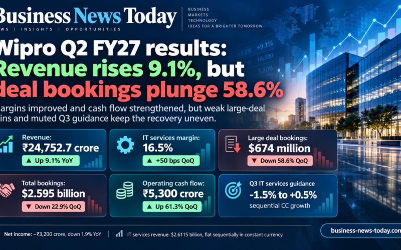 Editorial infographic summarizing Wipro’s Q2 FY27 results, showing revenue of ₹24,752.7 crore, IT services margin of 16.5%, large deal bookings of $674 million, total bookings of $2.595 billion, operating cash flow of ₹5,300 crore, and Q3 IT services guidance of -1.5% to +0.5% sequential constant currency growth.