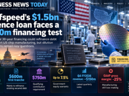 Wolfspeed semiconductor financing infographic showing a silicon carbide wafer, a conditional $1.5 billion US defence loan, $750 million financing requirement, potential 7.5% equity warrants and negative 25% quarterly gross margin.