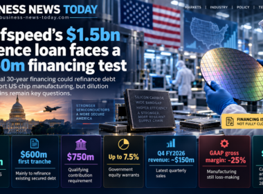 Wolfspeed semiconductor financing infographic showing a silicon carbide wafer, a conditional $1.5 billion US defence loan, $750 million financing requirement, potential 7.5% equity warrants and negative 25% quarterly gross margin.
