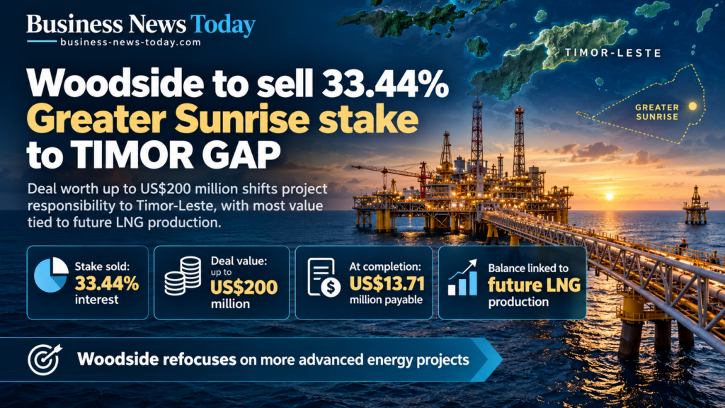 Infographic showing Woodside Energy’s agreement to sell its 33.44% stake in the Greater Sunrise gas project to TIMOR GAP for up to US$200 million, highlighting US$13.71 million payable at completion and additional payments linked to future LNG production.