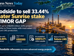 Infographic showing Woodside Energy’s agreement to sell its 33.44% stake in the Greater Sunrise gas project to TIMOR GAP for up to US$200 million, highlighting US$13.71 million payable at completion and additional payments linked to future LNG production.