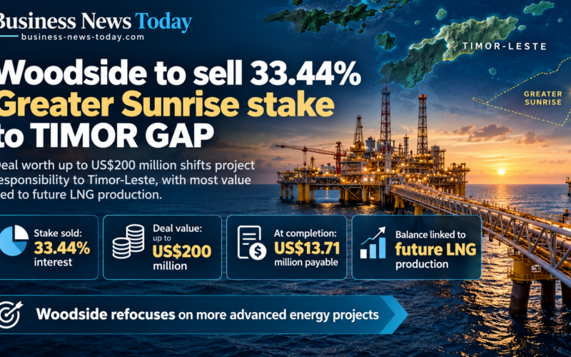 Infographic showing Woodside Energy’s agreement to sell its 33.44% stake in the Greater Sunrise gas project to TIMOR GAP for up to US$200 million, highlighting US$13.71 million payable at completion and additional payments linked to future LNG production.