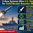 Infographic showing X-Bow Systems’ selection by CoAspire to develop and produce solid rocket booster motors for the U.S. Navy, highlighting seven propulsion programme selections in 2026 and the challenge of scaling missile component manufacturing.