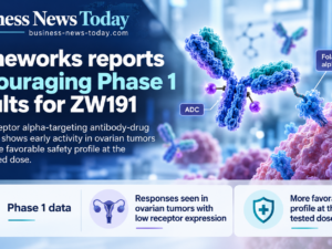 Infographic showing Zymeworks’ Phase 1 results for ZW191, highlighting early responses in ovarian tumors with low folate receptor alpha expression and a more favorable safety profile at the lower tested dose.