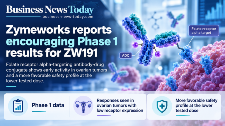 Infographic showing Zymeworks’ Phase 1 results for ZW191, highlighting early responses in ovarian tumors with low folate receptor alpha expression and a more favorable safety profile at the lower tested dose.