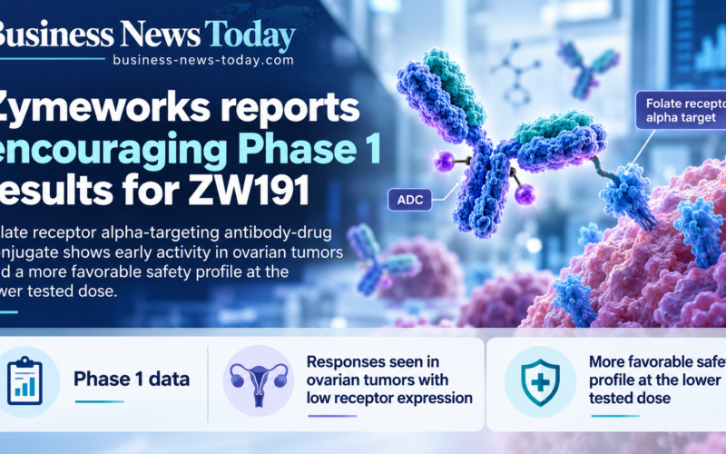 Infographic showing Zymeworks’ Phase 1 results for ZW191, highlighting early responses in ovarian tumors with low folate receptor alpha expression and a more favorable safety profile at the lower tested dose.